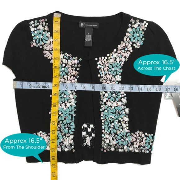 INC Black Bolero Cardigan With Iridescent Sequins & Turq/White Embroidery Size S - Picture 12 of 12